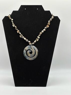 Mother of Pearl Shell Statement Necklace Large Spiral Pendant Iridescent Beaded